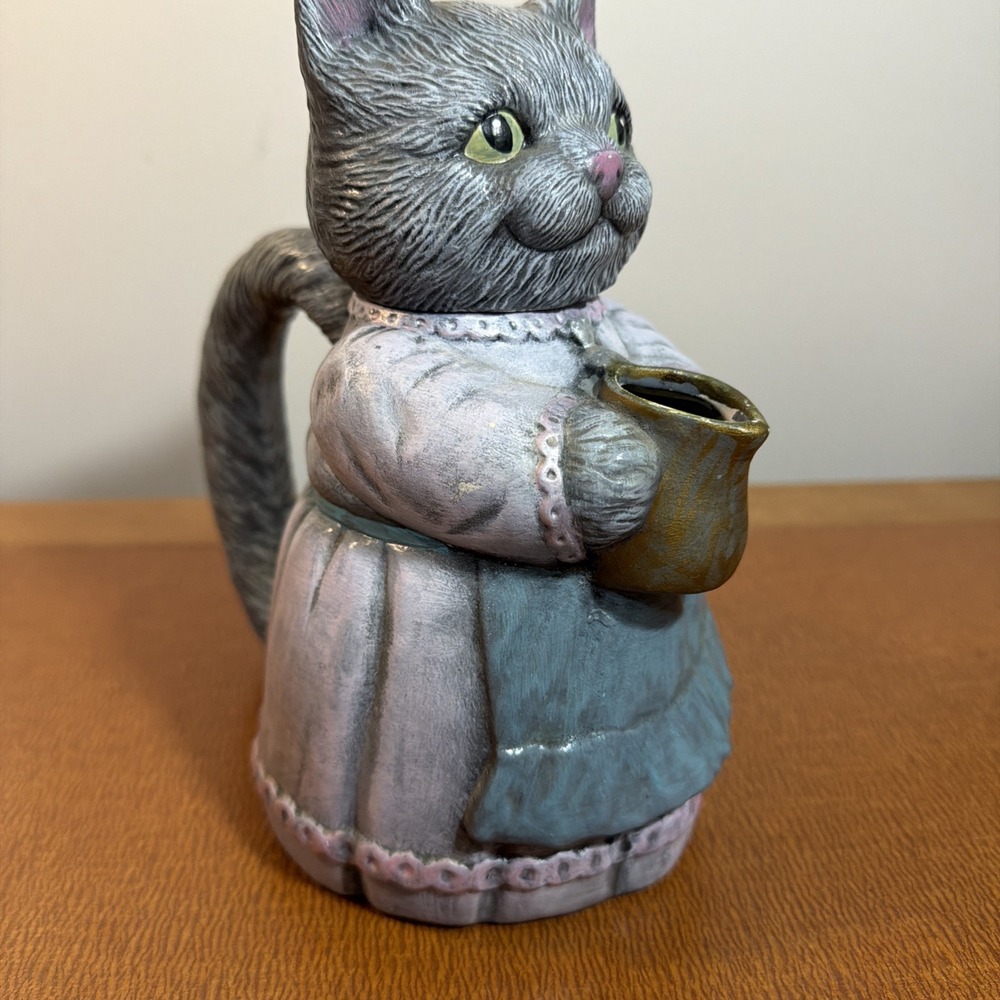 Vtg Mother Cat Ceramic Teapot Hand Painted 8" Tall 1999